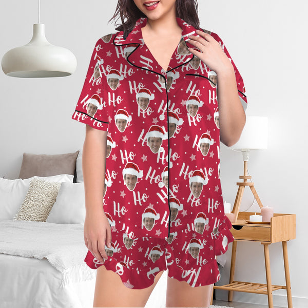 Custom Face Pajama Christmas Women's Lapel Ruffle Hem Short Sleeve Pocket Pajama Personalized Sleepwear Loungewear Christmas Gift For Her