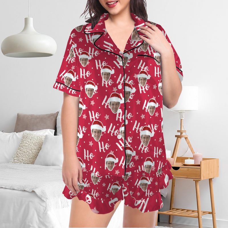 Custom Face Pajama Christmas Women's Lapel Ruffle Hem Short Sleeve Pocket Pajama Personalized Sleepwear Loungewear Christmas Gift For Her