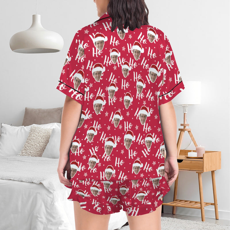 Custom Face Pajama Christmas Women's Lapel Ruffle Hem Short Sleeve Pocket Pajama Personalized Sleepwear Loungewear Christmas Gift For Her