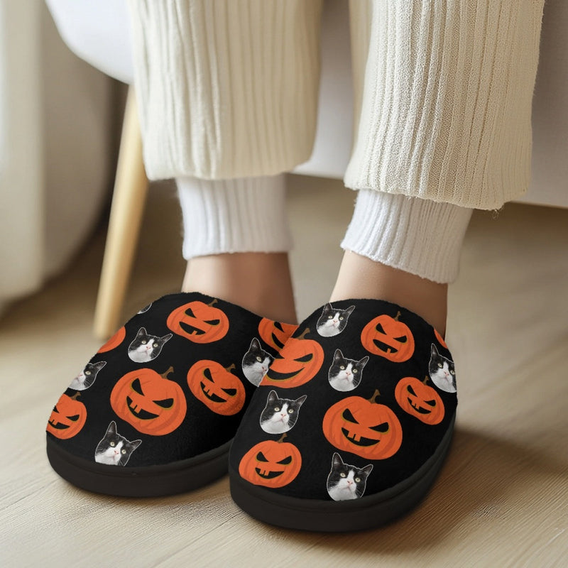 Halloween Custom Face Pumpkin Cotton Slippers For Adult&Kids Personalized Non-Slip Slippers Warm House Shoes