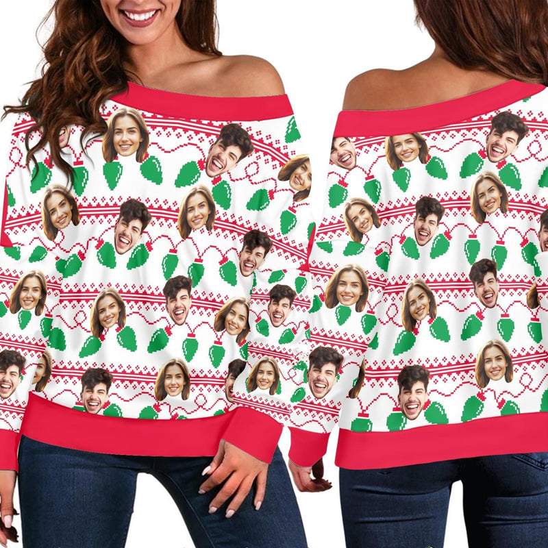 Custom Face Ugly Christmas Sweater Women's Off Shoulder Sweater and Men's Round Neck Sweater