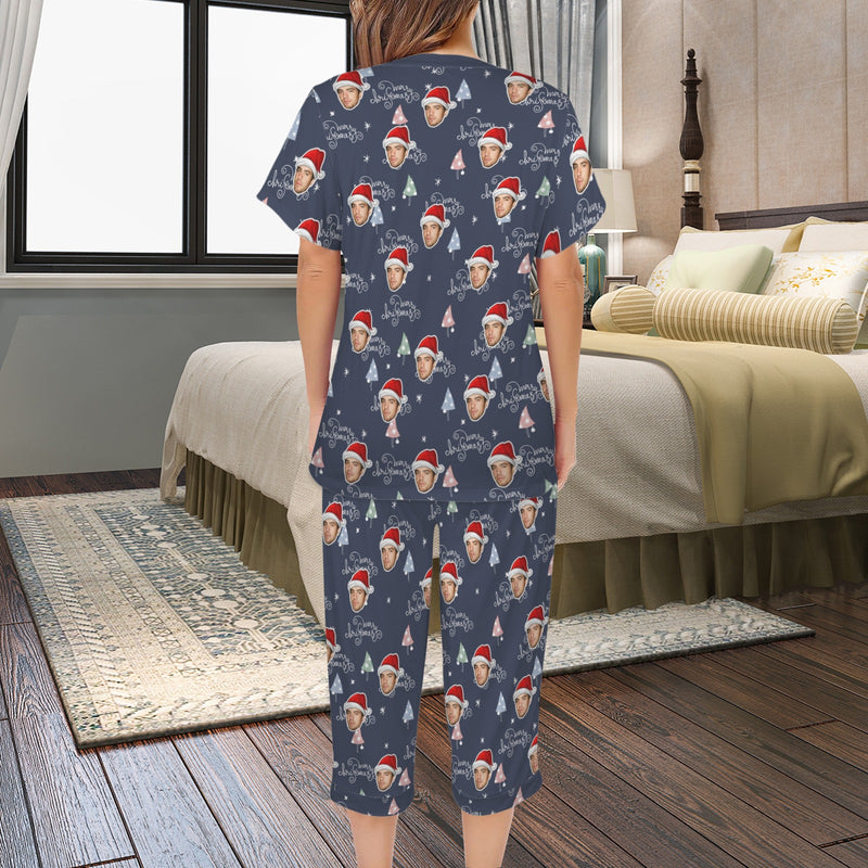 Custom Face Pajama Women's V-Neck Short Sleeve&Capri Pants Pocket Pajama Sets Christmas Gift For Her