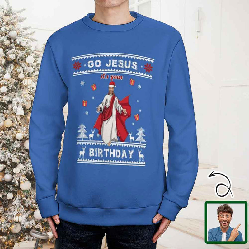 Custom Face Ugly Sweater Go Jesus Round Neck Sweater for Christmas Long Sleeve Lightweight Sweater Tops