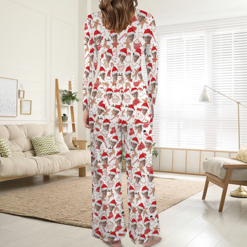 Custom Face Women's Round Neck Pocket Long Pajama Sets Personalized Sleepwear Loungewewar Christmas Gift For Her