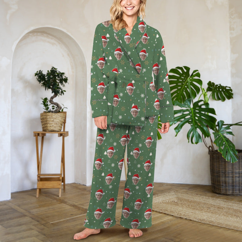 Soft Flannel Custom Face Pajamas Women's  Belted Robe Long Pants Loungewear Christmas Gift For Her