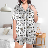 Custom Pet Face Pajama Women's Lapel Ruffle Hem Short Sleeve Pocket Pajama Personalized Sleepwear Loungewear