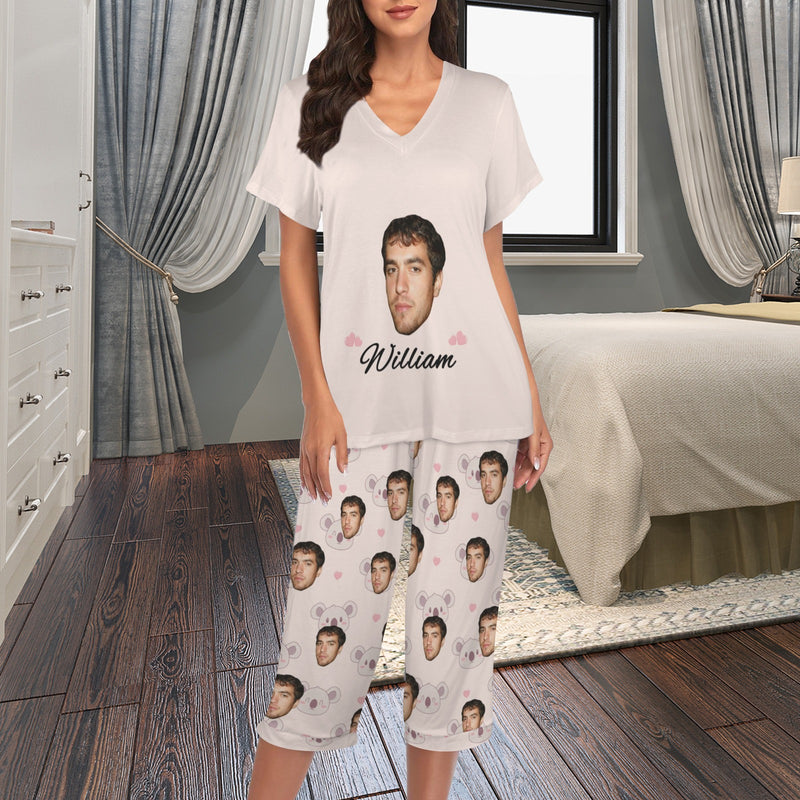 Custom Face Pajama Women's V-Neck Short Sleeve&Capri Pants Pocket Pajama Sets