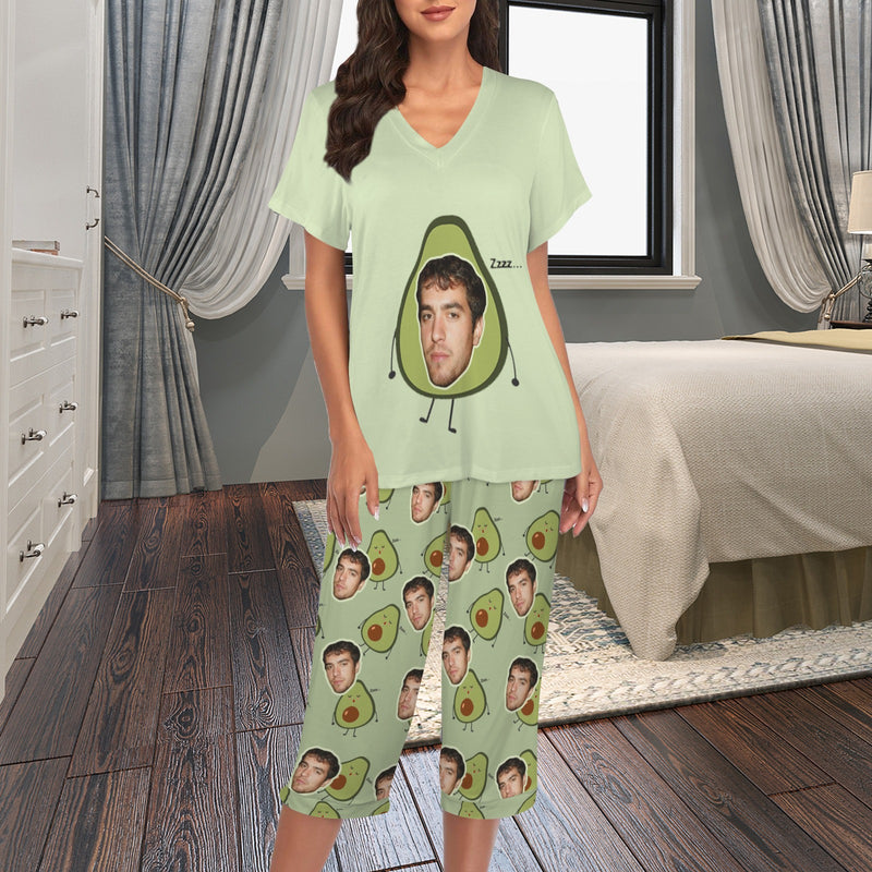 Custom Face Pajama Women's V-Neck Short Sleeve&Capri Pants Pocket Pajama Sets