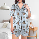 Custom Face Pajama Christmas Women's Lapel Ruffle Hem Short Sleeve Pocket Pajama Personalized Sleepwear Loungewear Christmas Gift For Her