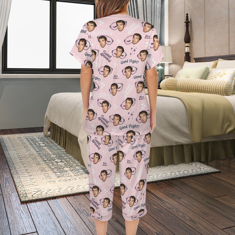 Custom Face Pajama Women's V-Neck Short Sleeve&Capri Pants Pocket Pajama Sets Christmas Gift For Her