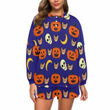 Custom Face Pajama Pumpkin Blue Women's Short Sleeve Loungewear Halloween Pajama Set