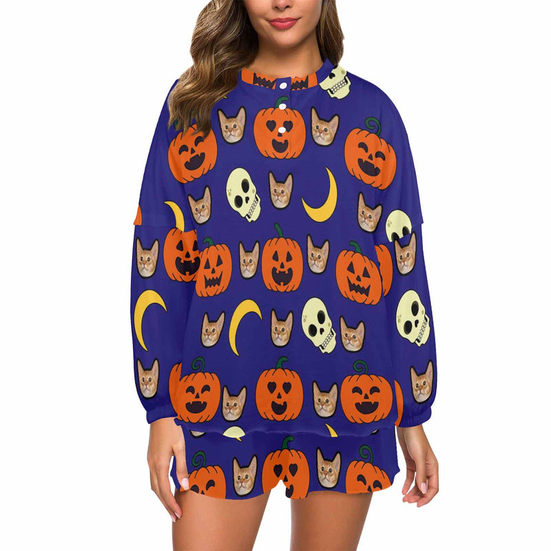 Custom Face Pajama Pumpkin Blue Women's Short Sleeve Loungewear Halloween Pajama Set