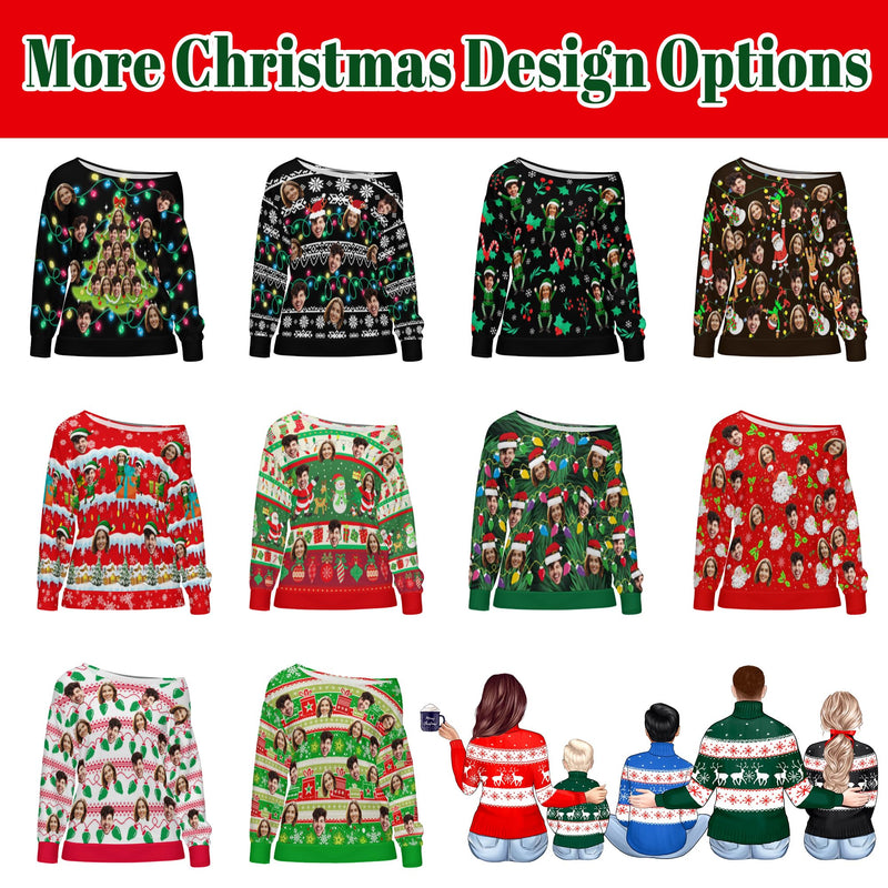 Custom Face Ugly Christmas Sweater Women's Off Shoulder Sweater and Men's Round Neck Sweater