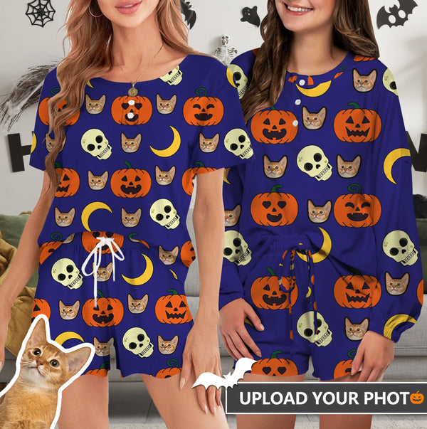 Custom Face Pajama Pumpkin Blue Women's Short Sleeve Loungewear Halloween Pajama Set