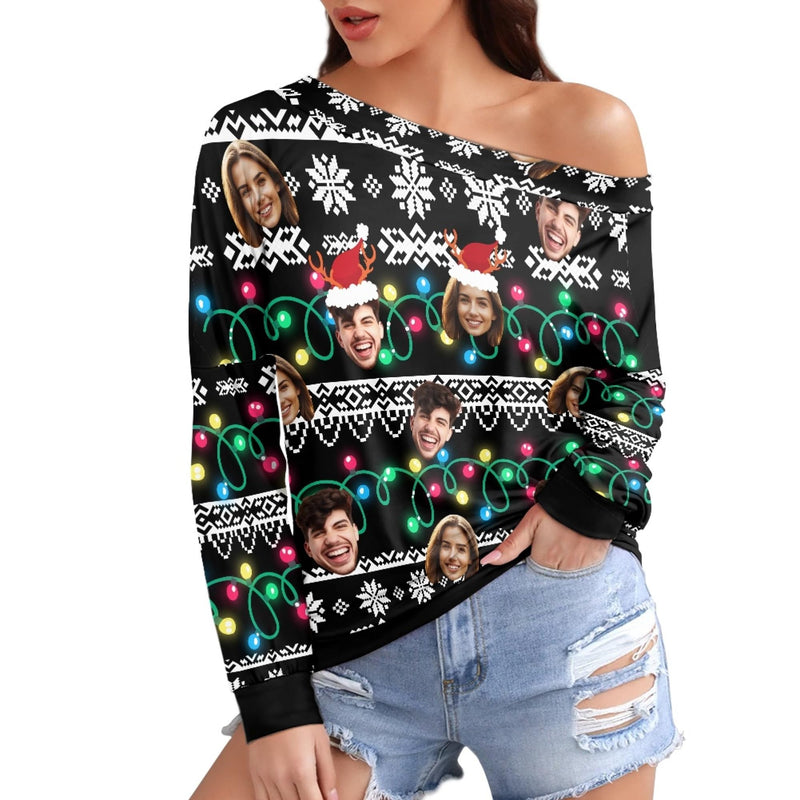 Custom Face Ugly Christmas Sweater Women's Off Shoulder Sweater and Men's Round Neck Sweater