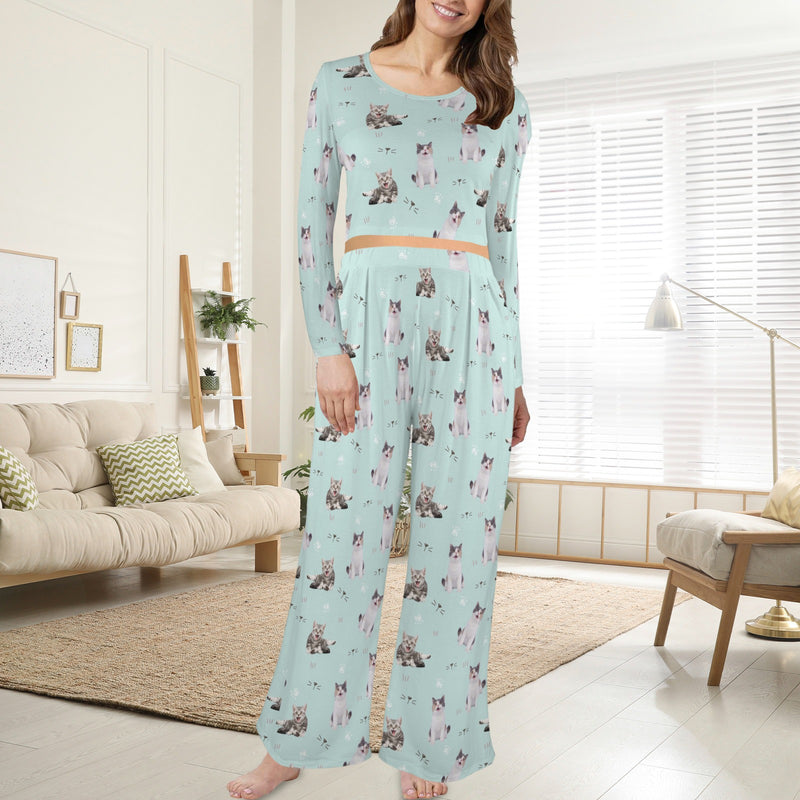 Custom Face Women's Round Neck Pocket Long Pajama Sets Personalized Sleepwear Loungewewar