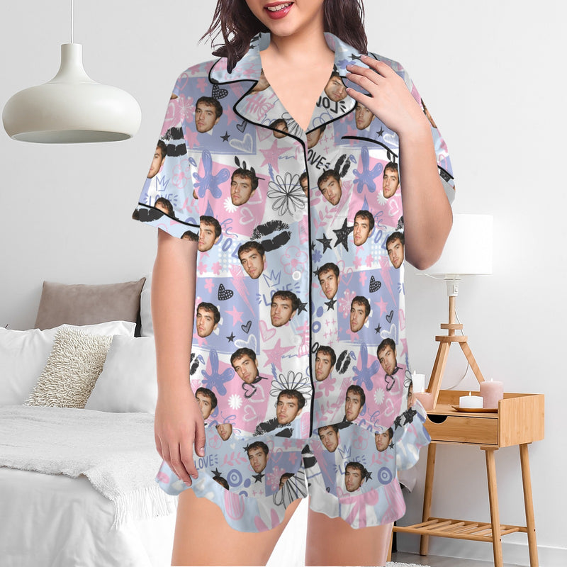 [Up To 5XL]Custom Face Pajama Set Women's Lapel Ruffle Hem Short  Sleeve Pocket Pajama Sets Personalized Sleepwear Loungewear