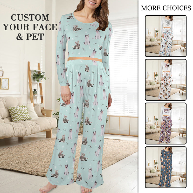 Custom Face Women's Round Neck Pocket Long Pajama Sets Personalized Sleepwear Loungewewar