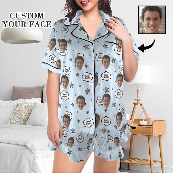 Custom Face Pajama Christmas Women's Lapel Ruffle Hem Short Sleeve Pocket Pajama Personalized Sleepwear Loungewear Christmas Gift For Her