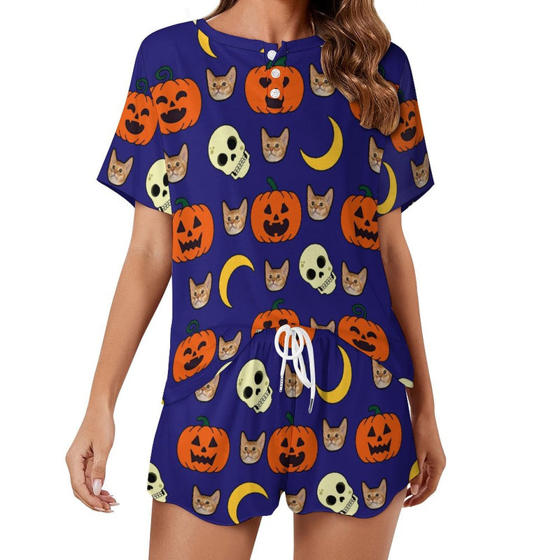 Custom Face Pajama Pumpkin Blue Women's Short Sleeve Loungewear Halloween Pajama Set