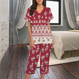 Custom Face Pajama Women's V-Neck Short Sleeve&Capri Pants Pocket Pajama Sets Christmas Gift For Her