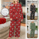 Soft Flannel Custom Face Pajamas Women's  Belted Robe Long Pants Loungewear Christmas Gift For Her