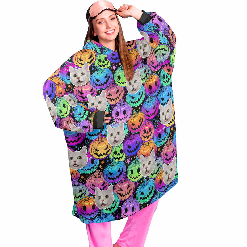 Wearable Blanket Hoodie Custom Faces Oversized Hoodie for Women Men Kids Personalized Fleece Blanket Photo Gifts For Halloween