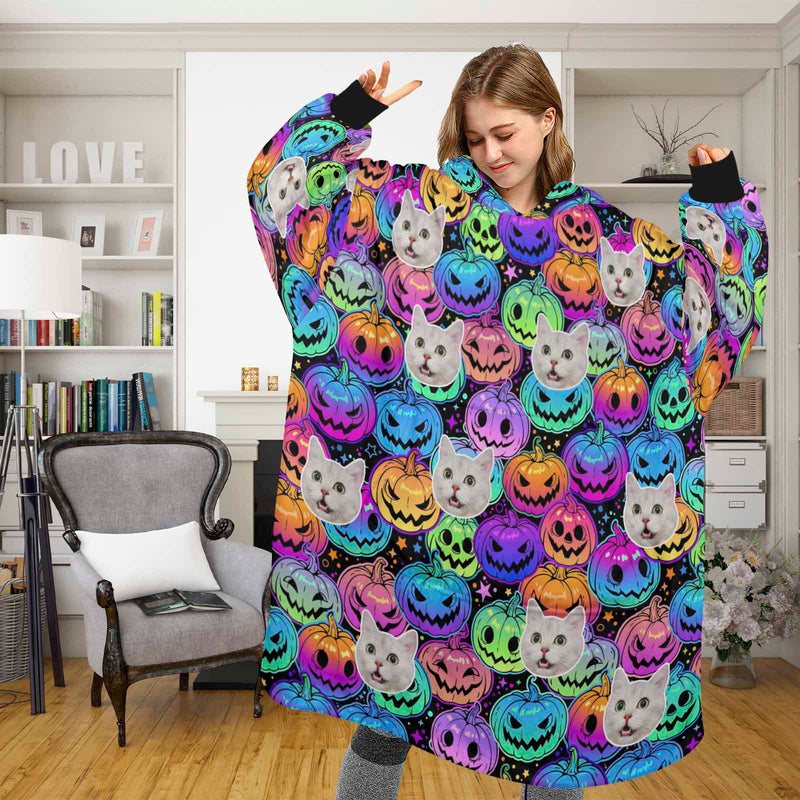 Wearable Blanket Hoodie Custom Faces Oversized Hoodie for Women Men Kids Personalized Fleece Blanket Photo Gifts For Halloween