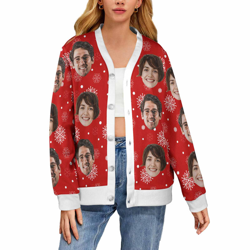 Custom Face Snowflake Ugly Christmas Cardigan Ugly Sweater Photo Season's Greetings Gift For Family