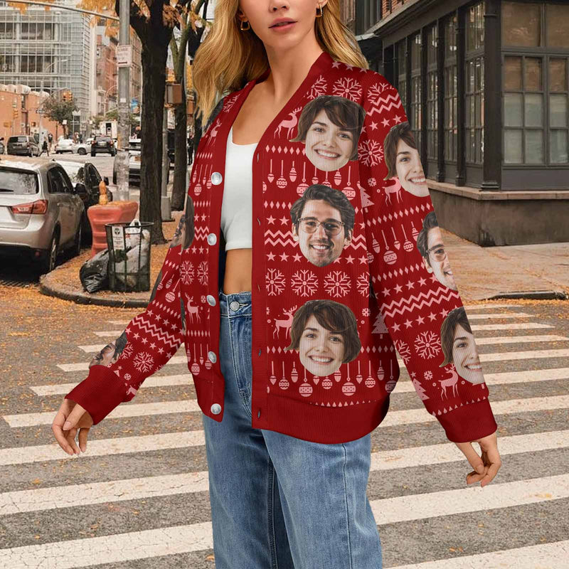 Custom Face Red Ugly Christmas Cardigan Ugly Sweater Photo Season's Greetings Gift For Family