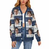 Custom Face Blue White Ugly Christmas Cardigan Ugly Sweater Photo Season's Greetings Gift For Family