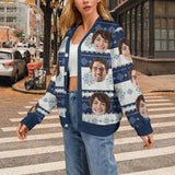 Custom Face Blue White Ugly Christmas Cardigan Ugly Sweater Photo Season's Greetings Gift For Family