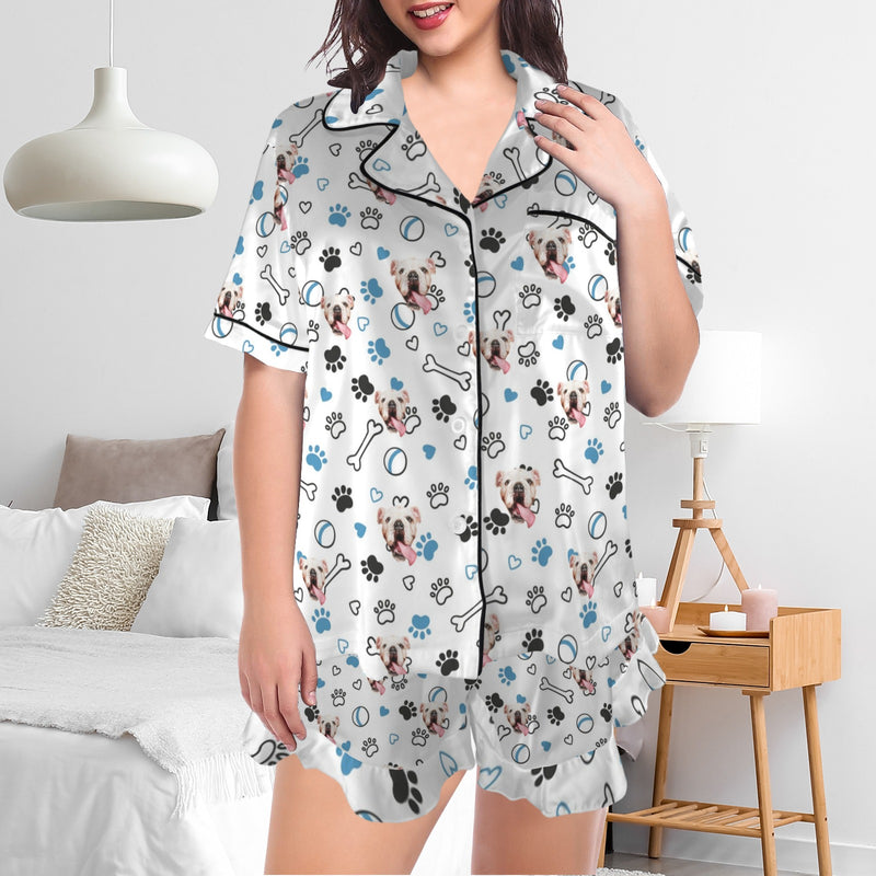 Custom Pet Face Pajama Women's Lapel Ruffle Hem Short Sleeve Pocket Pajama Personalized Sleepwear Loungewear