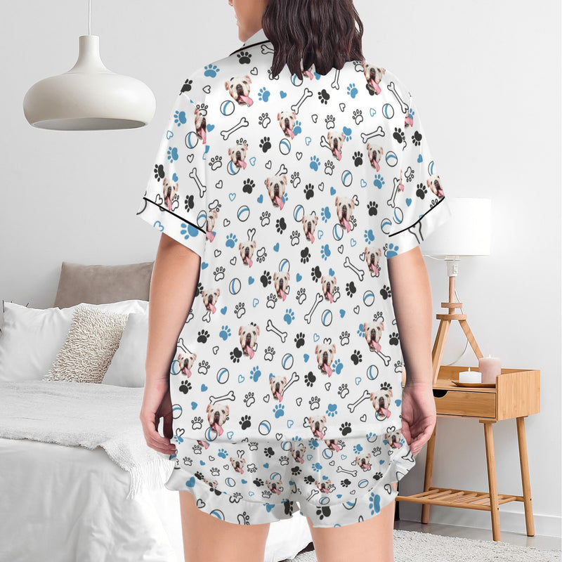 Custom Pet Face Pajama Women's Lapel Ruffle Hem Short Sleeve Pocket Pajama Personalized Sleepwear Loungewear