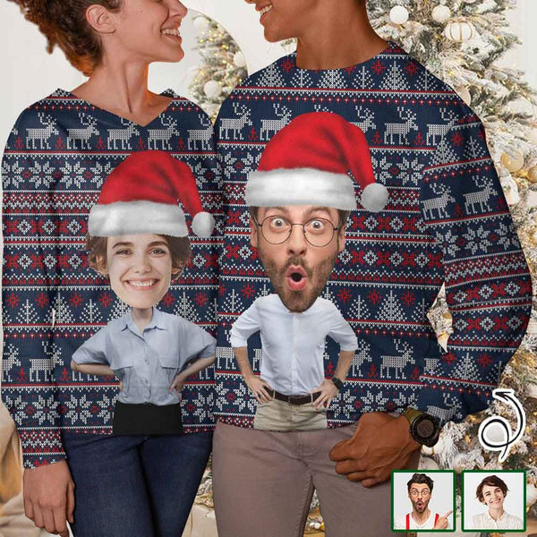 Couple Matching Custom Face Sweater Santa Hat Long Sleeve Ugly Christmas Sweater Tops for Men and Women