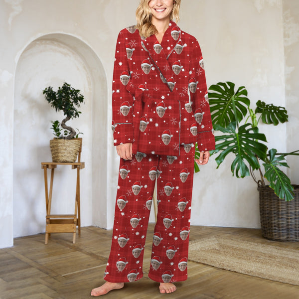 Soft Flannel Custom Face Pajamas Women's  Belted Robe Long Pants Loungewear Christmas Gift For Her