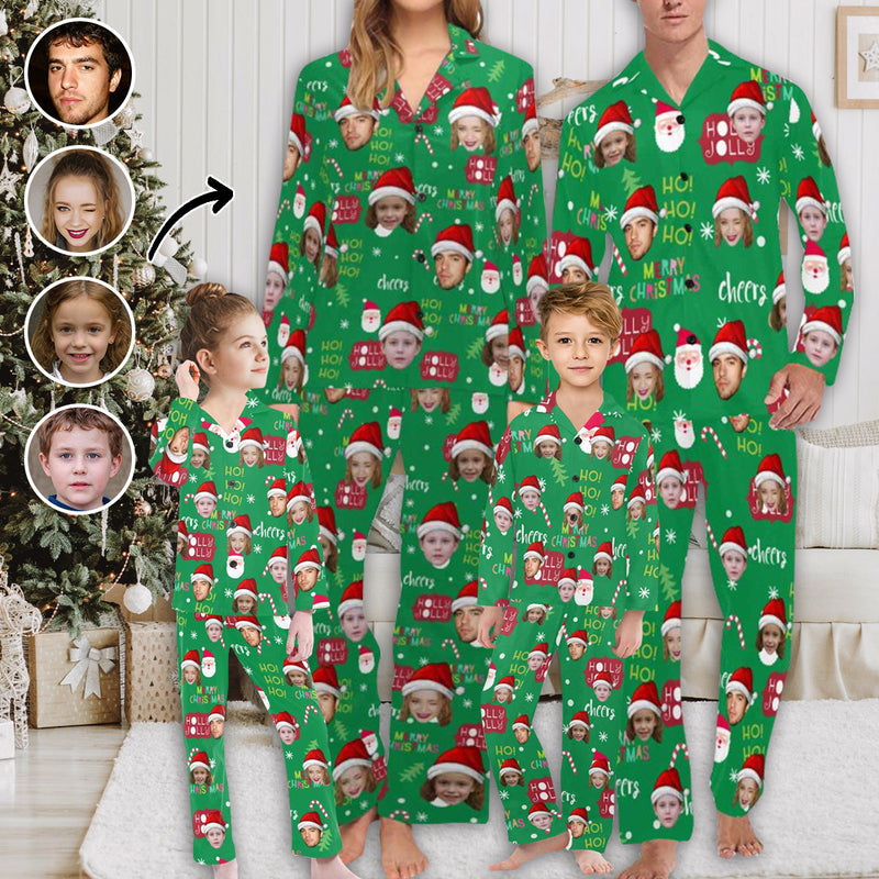 Custom Face Pajamas Sets Green Christmas Family Matching Nightwear Custom Pjs