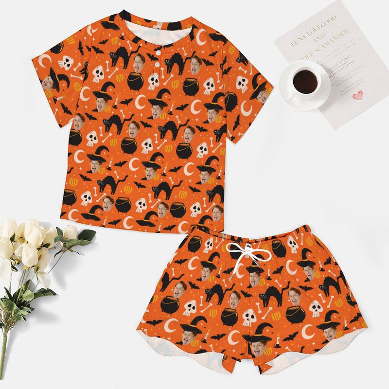 Custom Face Pajama Orange Women's Short Sleeve Loungewear Halloween Pajama Set