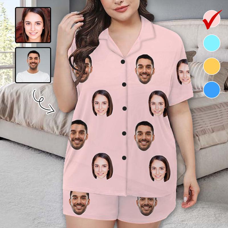 [Up To 5 Faces] Custom Face Pajama Set Solid Color Loungewear for Women