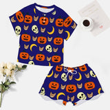 Custom Face Pajama Pumpkin Blue Women's Short Sleeve Loungewear Halloween Pajama Set