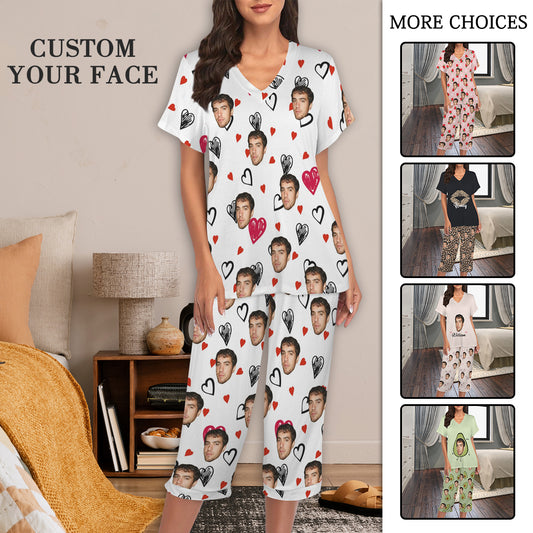 Custom Face Pajama Women's V-Neck Short Sleeve&Capri Pants Pocket Pajama Sets