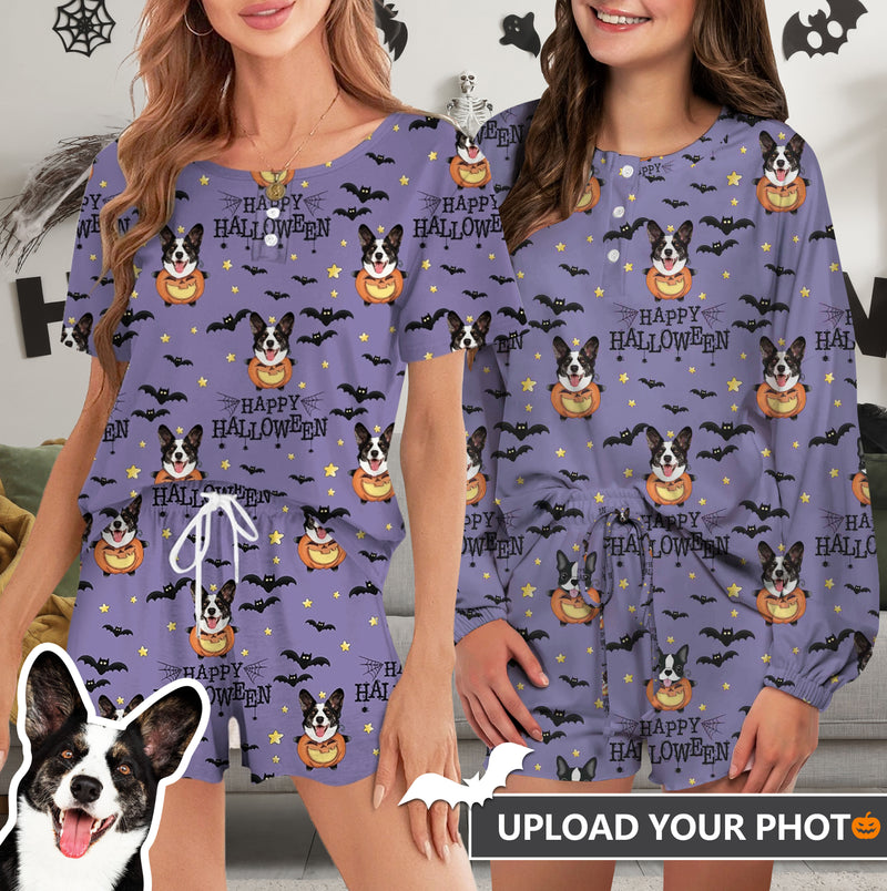 Custom Face Pajama Bats Women's Short Sleeve Loungewear Halloween Pajama Set