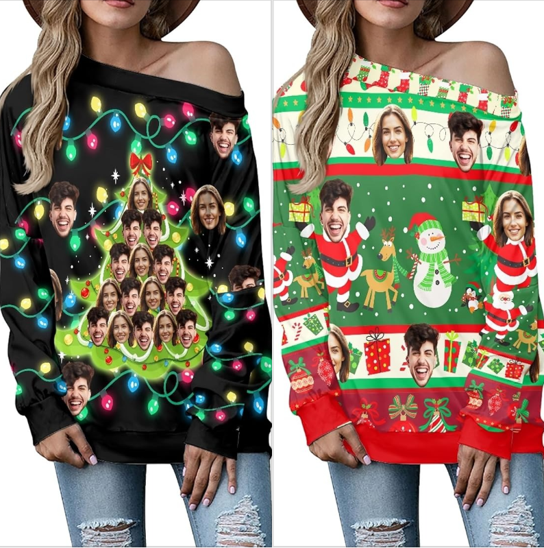 Custom Face Ugly Christmas Sweater Women's Off Shoulder Sweater and Men's Round Neck Sweater