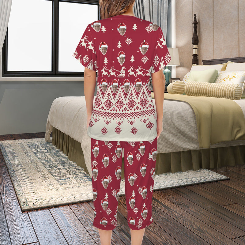 Custom Face Pajama Women's V-Neck Short Sleeve&Capri Pants Pocket Pajama Sets Christmas Gift For Her