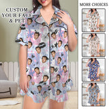 [Up To 5XL]Custom Face Pajama Set Women's Lapel Ruffle Hem Short  Sleeve Pocket Pajama Sets Personalized Sleepwear Loungewear