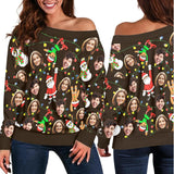 Custom Face Ugly Christmas Sweater Women's Off Shoulder Sweater and Men's Round Neck Sweater