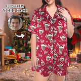 Custom Face Pajama Christmas Women's Lapel Ruffle Hem Short Sleeve Pocket Pajama Personalized Sleepwear Loungewear Christmas Gift For Her