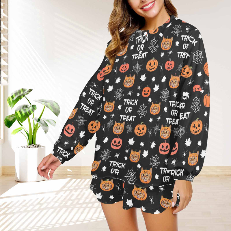 Custom Face Pajama Black Women's Short Sleeve Loungewear Halloween Pajama Set