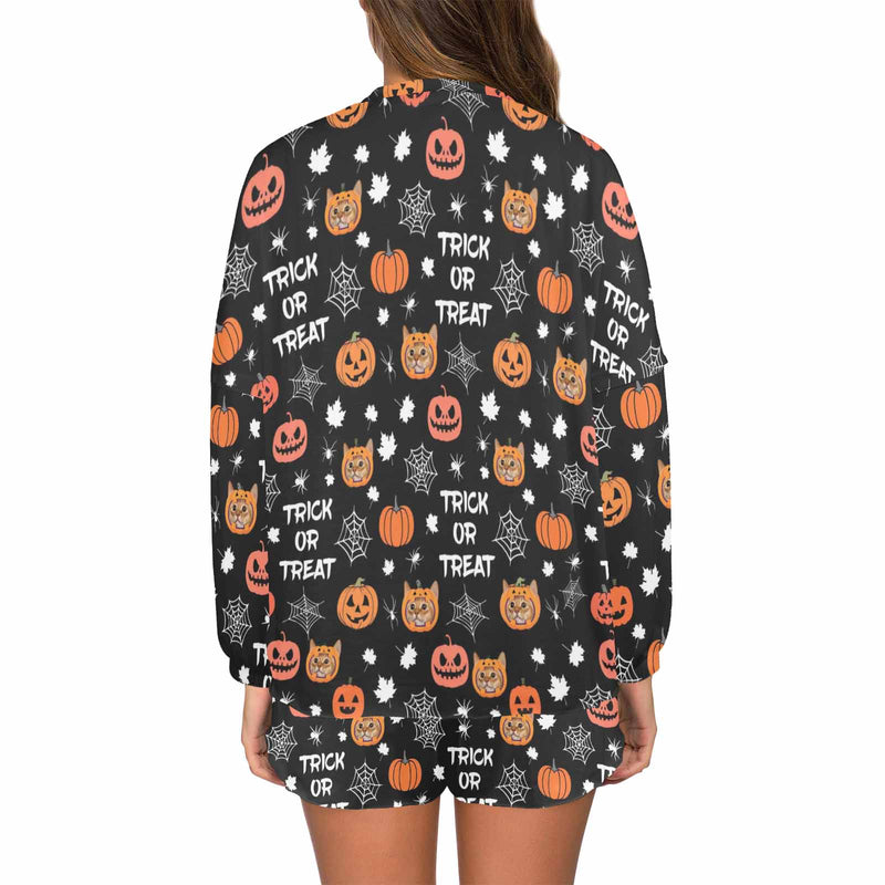 Custom Face Pajama Black Women's Short Sleeve Loungewear Halloween Pajama Set