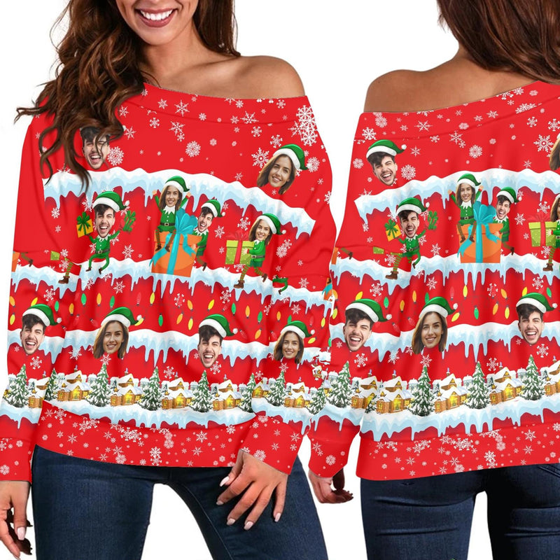 Custom Face Ugly Christmas Sweater Women's Off Shoulder Sweater and Men's Round Neck Sweater